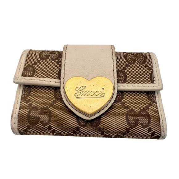 Gucci Heart Hardware GG Monogram Key Holder Wallet Beige Canvas & White Leather - Picture 1 of 16